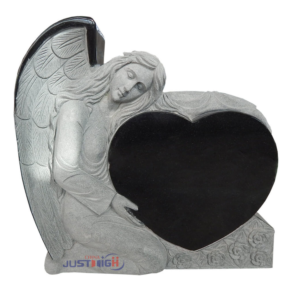 India black granite headstone with angel statue and heart