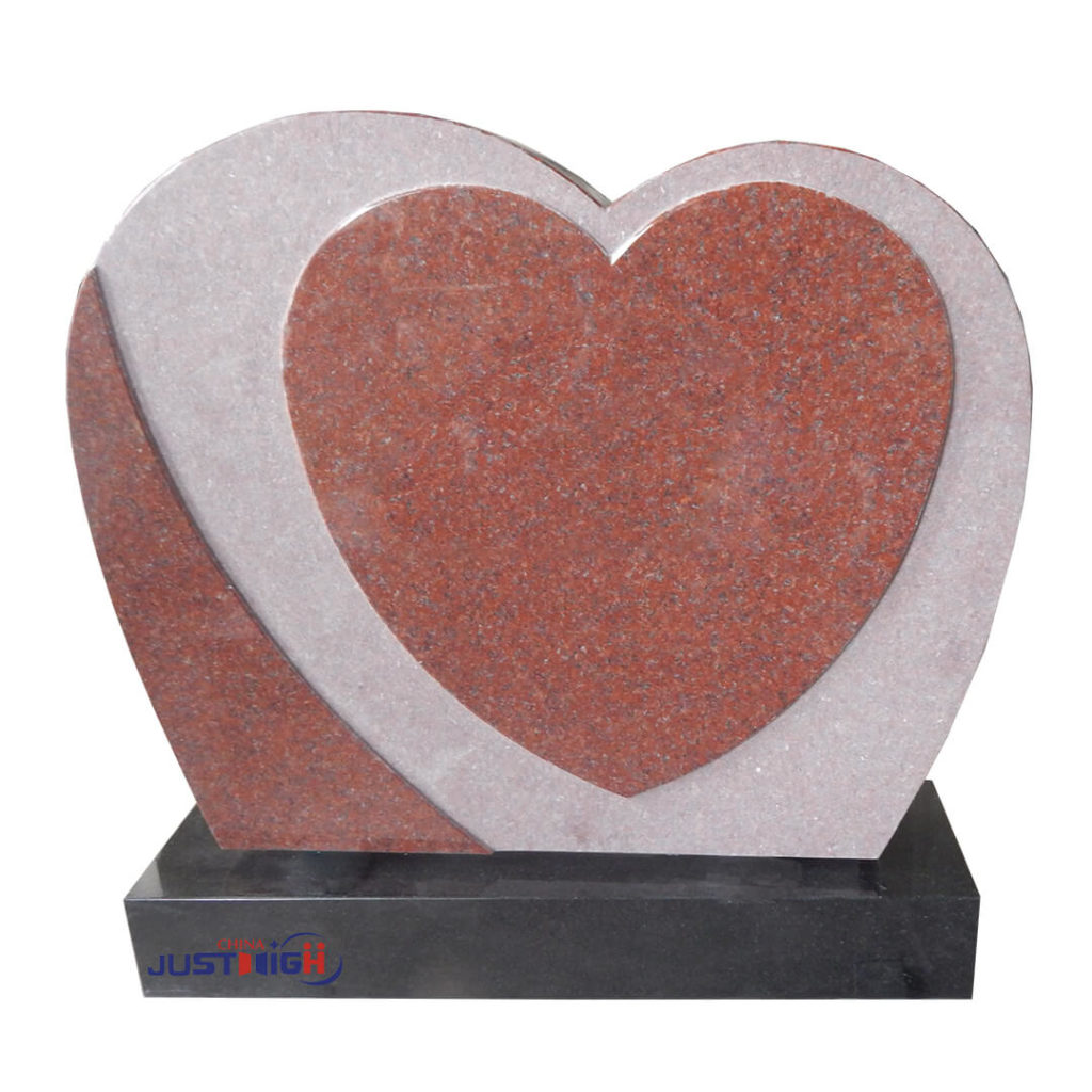Red granite heart shape upright headstone