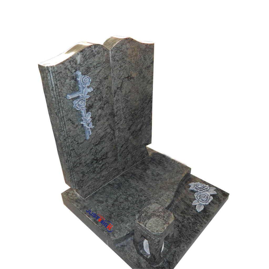 Flower and cross engraving with lantern granite headstone