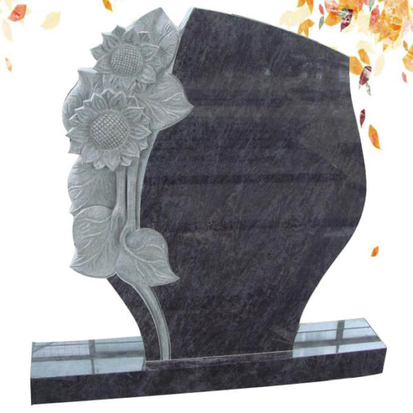 mass blue with flower carved granite headstone