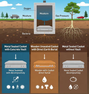 How does the type of casket and burial method affect the preservation of an embalmed body