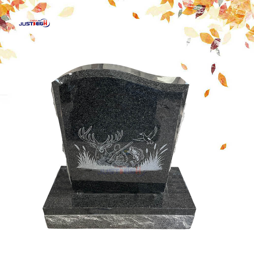 1722-1 Custom Black Granite Hunting & Fishing Headstone with Deer, Fish and Duck Engraving Custom Black Granite Hunting & Fishing Headstone with Deer, Fish and Duck Engraving